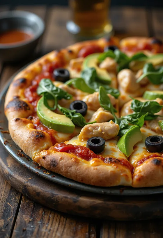 California Pizza s svežim avokadom, piščančjimi prsmi in špinačo