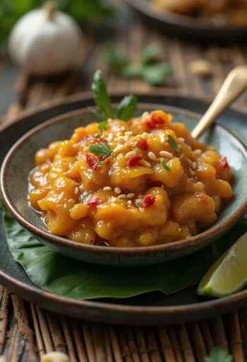 Česnov sezamov chutney z limeto postrežen