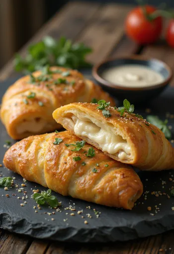 Stromboli z mozzarello, postrežen z bogato mozzarello na vrhu, zunaj hrustljav, znotraj mehak.