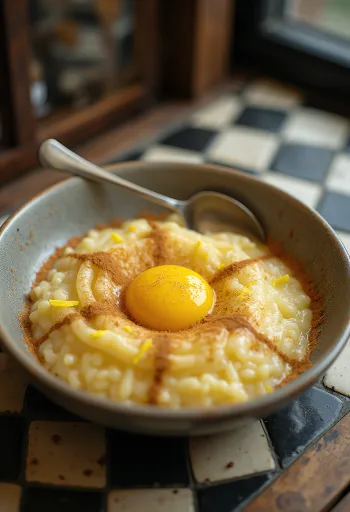 Arroz doce z jajčnim rumenjakom, postrežen s cimetom in limonino lupinico