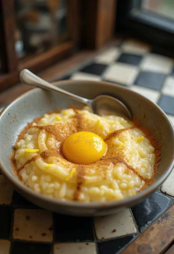 Arroz doce z jajčnim rumenjakom, postrežen s cimetom in limonino lupinico