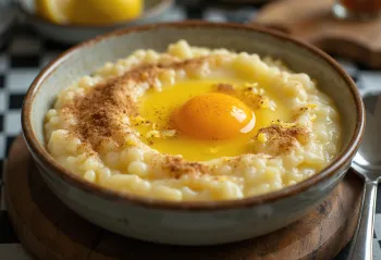 Arroz doce z jajčnim rumenjakom, postrežen s cimetom in limonino lupinico
