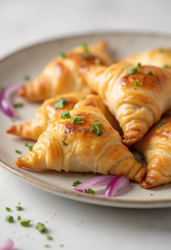 Samose z rdečo čebulo in praženo slanino, postrežene