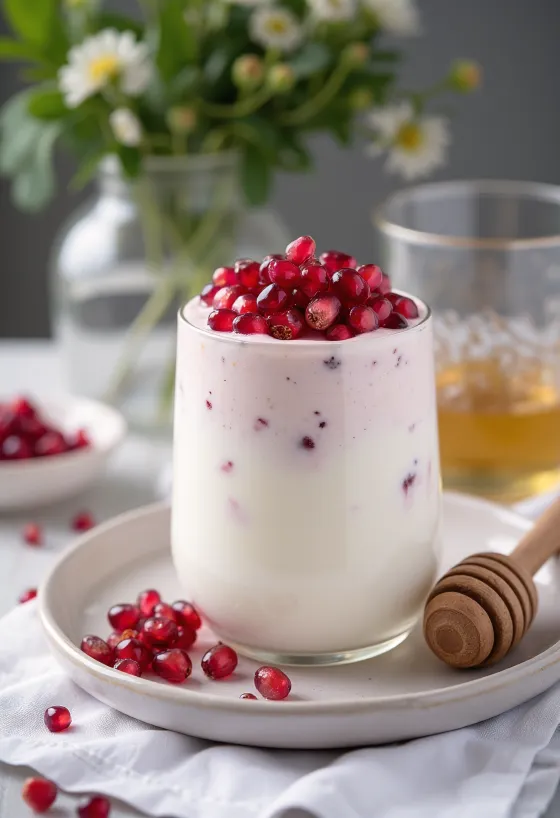 Probiotični kefir z granatnim jabolkom, postrežen s svežimi listi mete