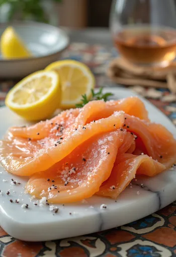 Gravlax z vodko, na tanko narezan mariniran losos, postrežen s svežim koprom in limono