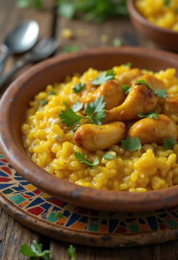 Kozhi Pongal, postrežen s piščancem, kokosovo moko in svežim koriandrom