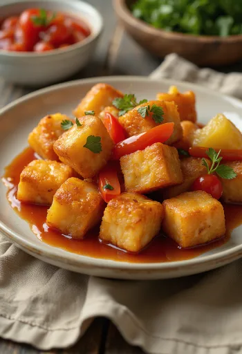 Hrustljav pečen tofu v sladko-kisli omaki postrežen na krožniku