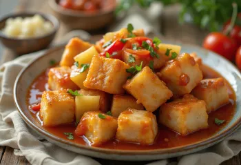 Hrustljav pečen tofu v sladko-kisli omaki postrežen na krožniku
