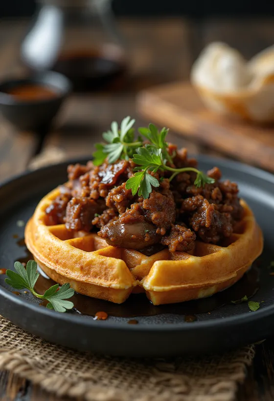 Vaflji z govedino Wagyu, postreženi