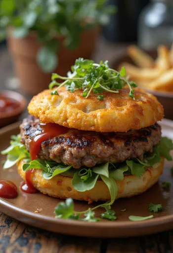 Burger s krompirjevim röstijem postrežen