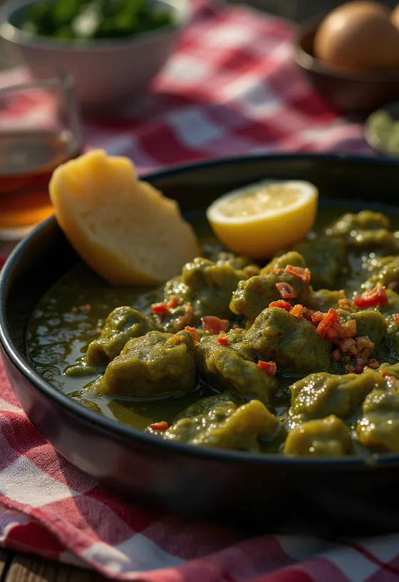 Callaloo s prekajenim mesom, zelena listnata enolončnica, postrežena s kockami prekajenega mesa v osnovi iz kokosovega mleka