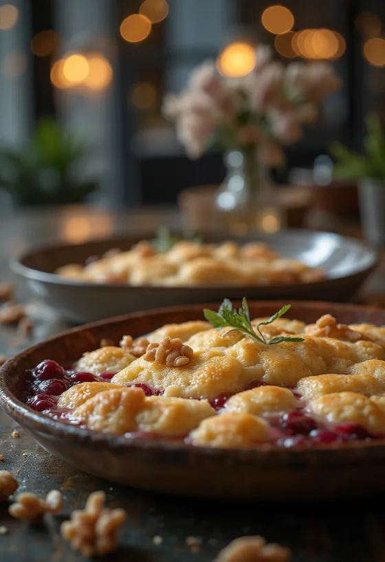 Cobbler z orehi, postrežen s hrustljavim testom in jagodičevjem