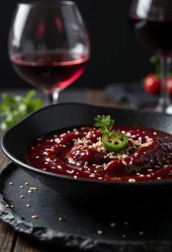 Jalapeño sezamova omaka z rdečim vinom postrežena