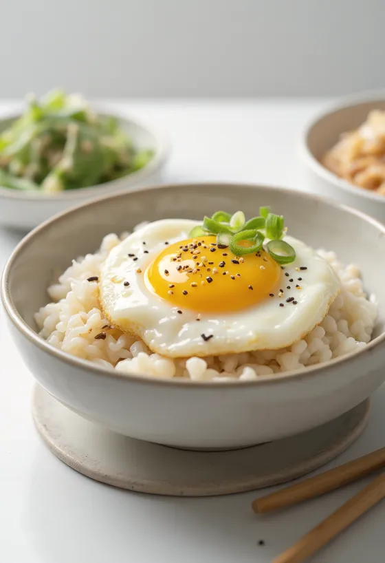 Onsen Tamago postrežen z rižem in jajcem, okrašen z mlado čebulo in sezamom