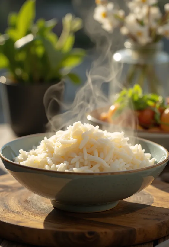 Dušen riž, postrežen v skledi