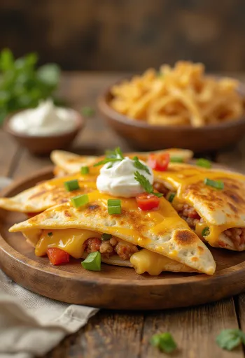 Rezine quesadille, polnjene s sirom in zelenjavo, postrežene