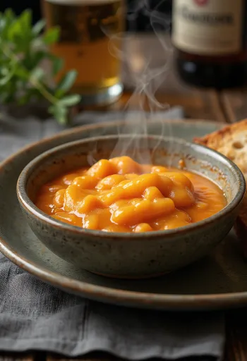 Pivska cheddar paradižnikova omaka postrežena