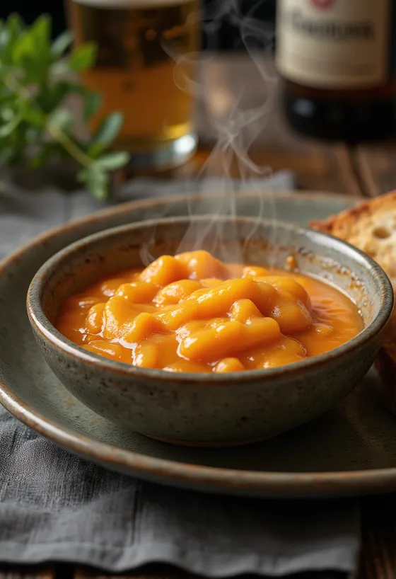 Pivska cheddar paradižnikova omaka postrežena