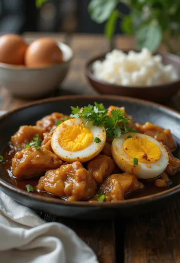 Adobo postrežen z jajci, piščanec in jajca združena kot okusna jed.