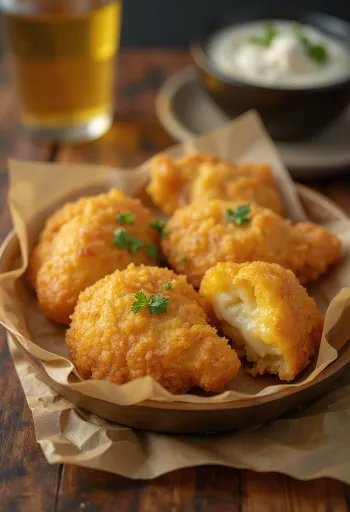 Coxinha s Catupiry sirom zlato rjavo ocvrti grižljaji, s hrustljavo zunanjostjo, nadevom iz sira in piščančjega mesa