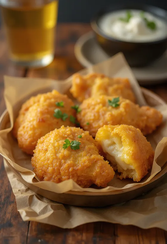 Coxinha s Catupiry sirom zlato rjavo ocvrti grižljaji, s hrustljavo zunanjostjo, nadevom iz sira in piščančjega mesa
