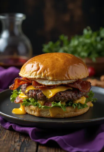 Velikanski hamburger z ogromno sira, mesnim polpetom in ekstremno velikimi nadevi
