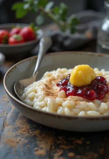 Risengrød z jagodno marmelado, okrašen s cimetom