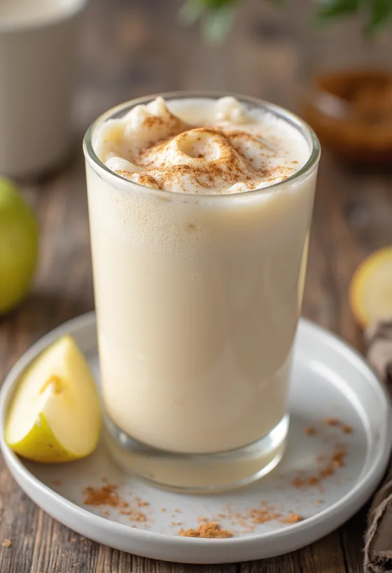 Jabolčni lassi postrežen z ledenimi kockami in cimetom
