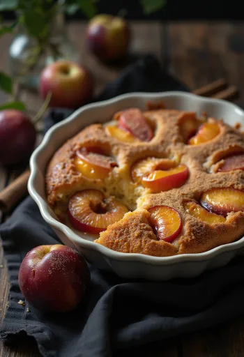 Cimetova torta s slivami, postrežena s sladkorjem v prahu in cimetom
