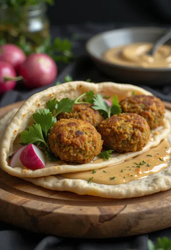 Falafel v piti s hrustljavimi čičerikinimi kroglicami in tahinijem