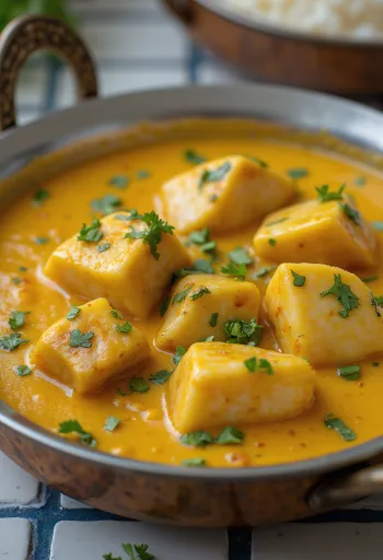 Kerali ribji curry s svinjino, postrežen v bogati osnovi iz kokosovega mleka