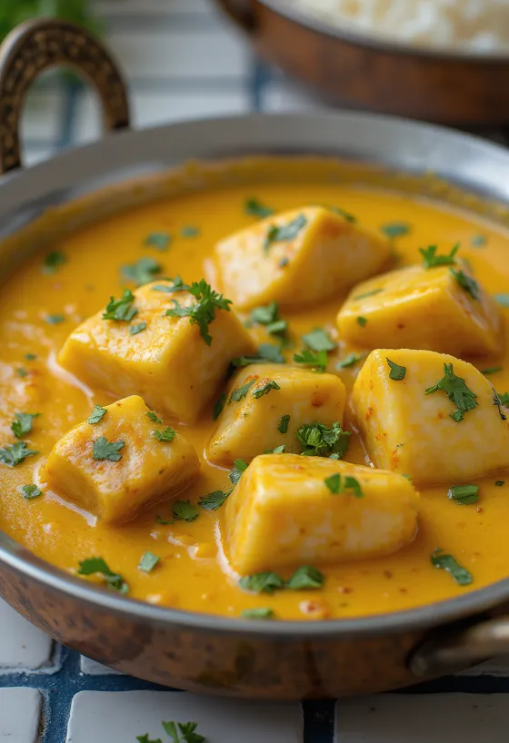 Kerali ribji curry s svinjino, postrežen v bogati osnovi iz kokosovega mleka