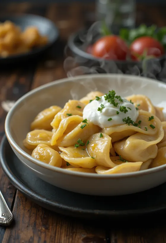 Ruski piščančji pelmeni, postreženi s kislo smetano
