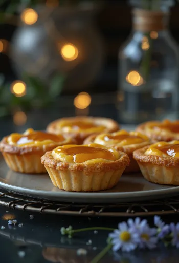 Mini treacle tart postrežen z zlato rjavim testom in okrašen s svežo limonino lupinico