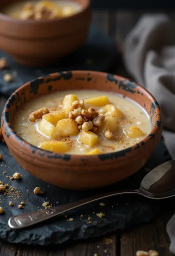 Jabolčno-orehov kheer rižev puding z orehi in okrasitvijo iz kardamoma