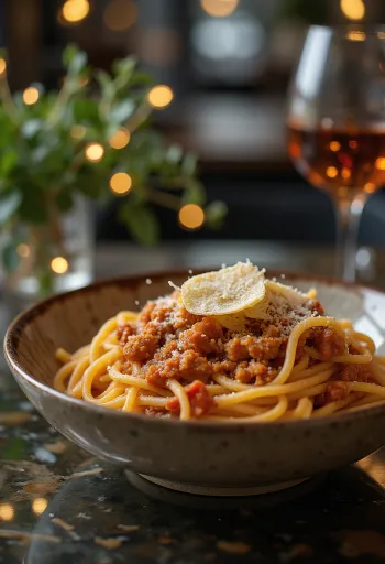 Špageti bolognese, potreseni s svežo baziliko in parmezanom