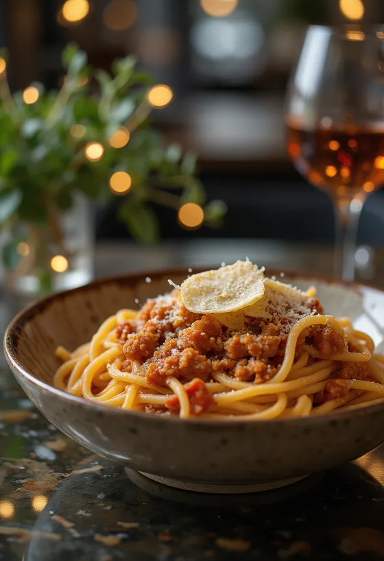 Špageti bolognese, potreseni s svežo baziliko in parmezanom