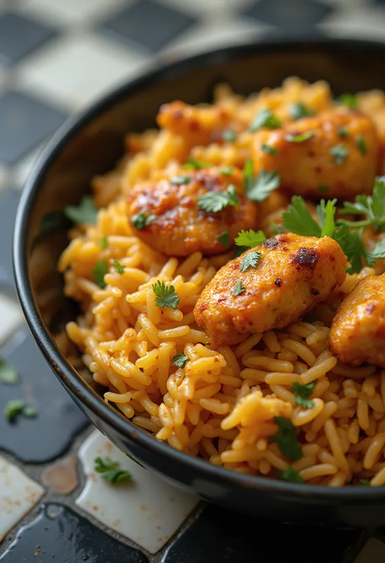 Tandoori piščanec postrežen z basmati rižem, okrašen s svežim koriandrom