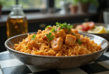 Tandoori piščanec postrežen z basmati rižem, okrašen s svežim koriandrom