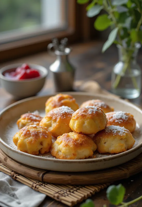 Æbleskiver postrežen z jagodno marmelado