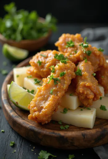 Chicharrón con yuca s hrustljavim svinjskim mesom in zlato rjavo pečeno juko