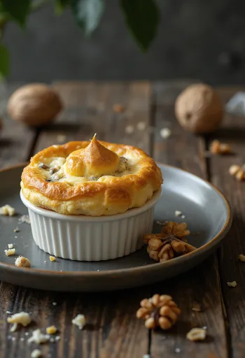 Sufle z orehi in modrim sirom na krožniku