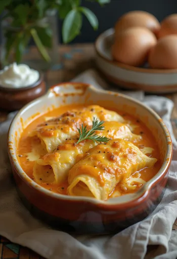 Zapečene palačinke z mesnim nadevom, prelite s smetanovo omako