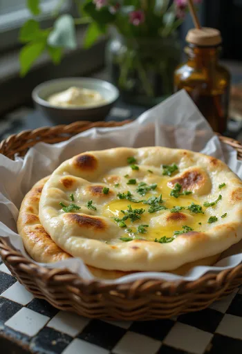 Naan z čemažem, okrašen s svežim, zelenim čemažem, postrežen topel