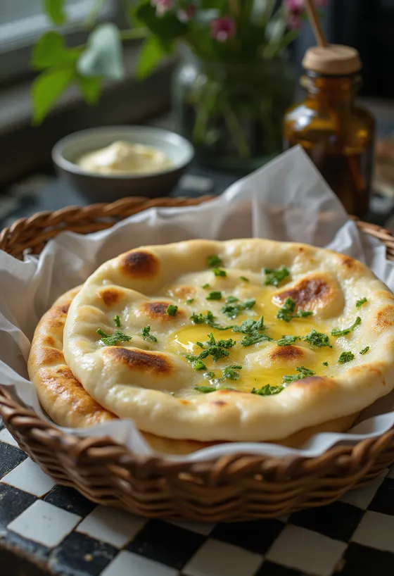 Naan z čemažem, okrašen s svežim, zelenim čemažem, postrežen topel