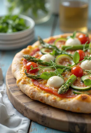 Spomladanska zelenjavna pizza z mocarelo in baziliko