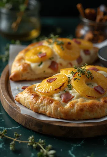 Sveže pečen calzone s prekajeno šunko in ananasom