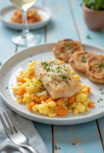 Bacalhau à Brás na krožniku, riba, jajce in zelišča se mešajo