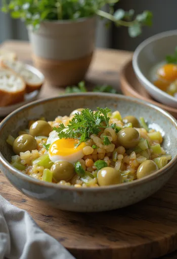 Caponata z zeleno in olivami, postrežena z jajčevci in paradižnikom v rustikalni skledi