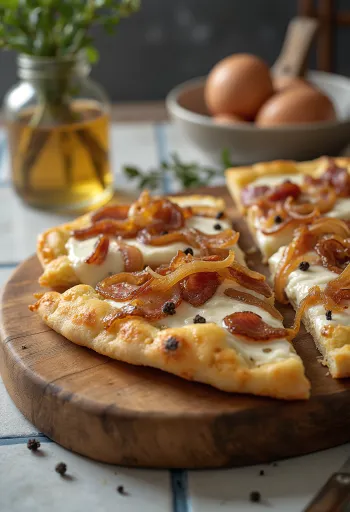 Flammkuchen s kislo smetano, čebulo in slanino
